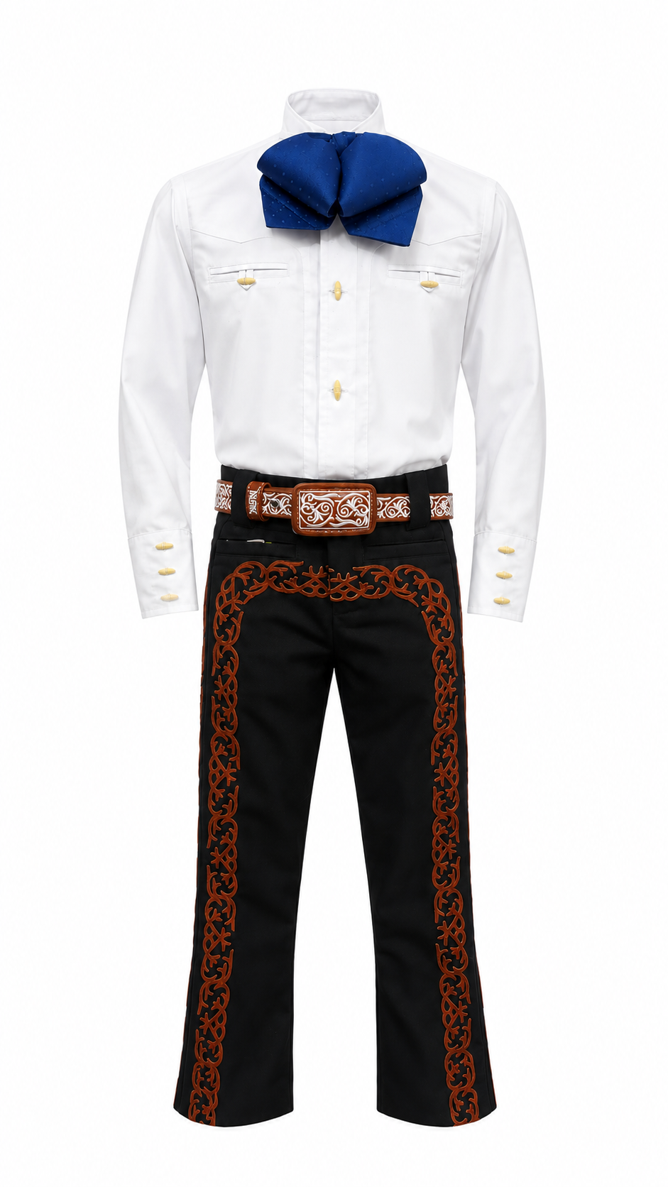Conjunto charro infantil blanco y negro con moño azul